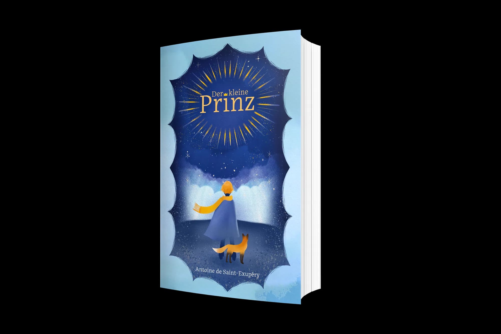 Cover-Neugestaltung von „Der kleine Prinz“ (Saint-Exupéry): sternenblaue Szene mit Prinz und Fuchs, goldene Typografie