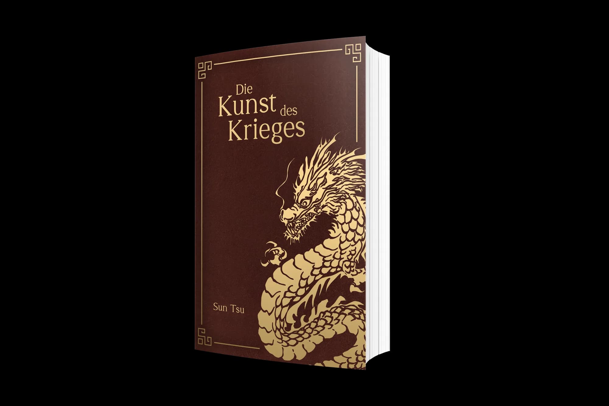 Cover-Neugestaltung von „Die Kunst des Krieges“ (Sun Tsu): goldener Drache auf dunklem Bordeaux mit edler Serifentypografie