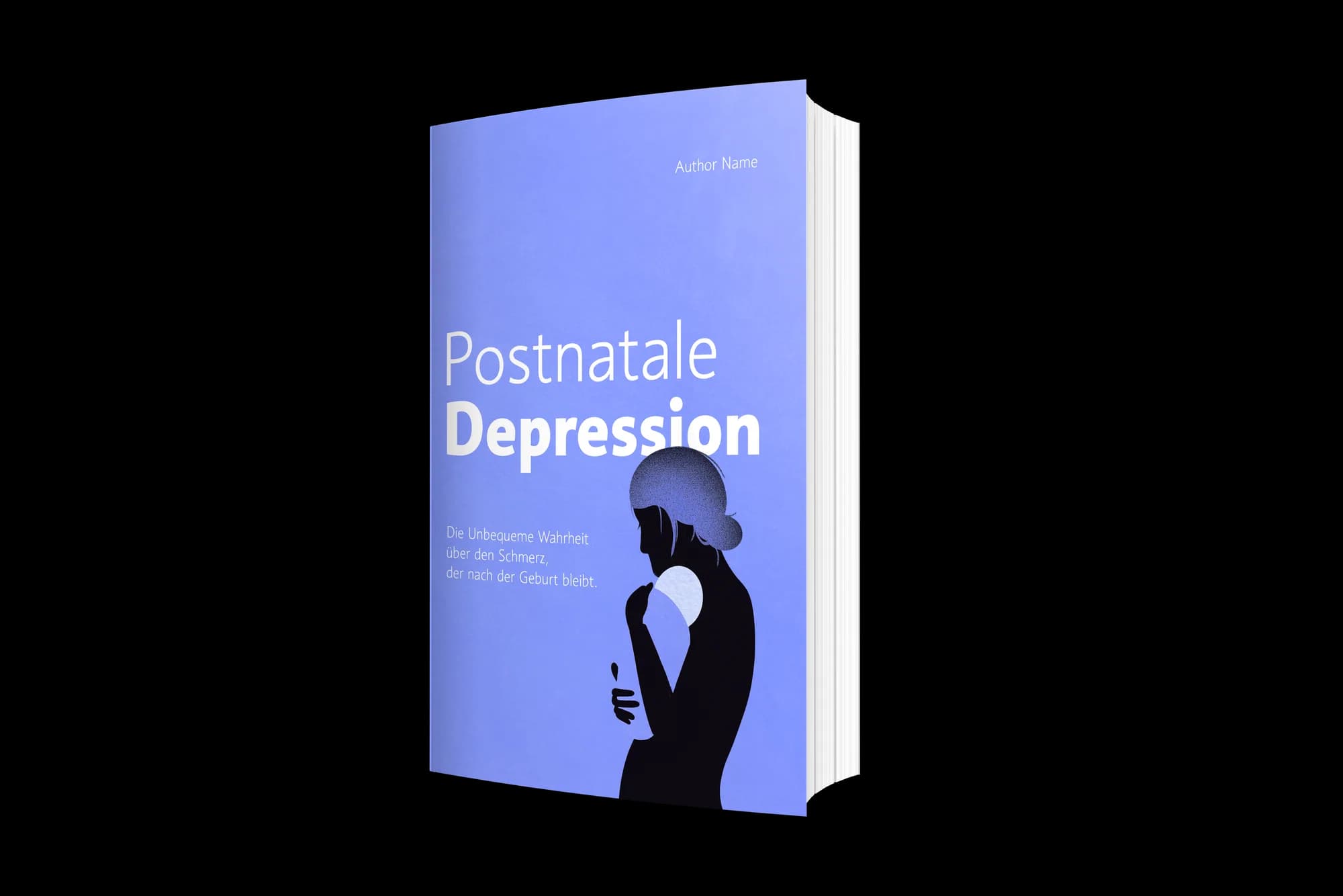 Cover-Gestaltung „Postnatale Depression“: Frauen-Silhouette mit Weinglas auf Blau, kontrastreiche serifenlose Sachbuch-Typografie