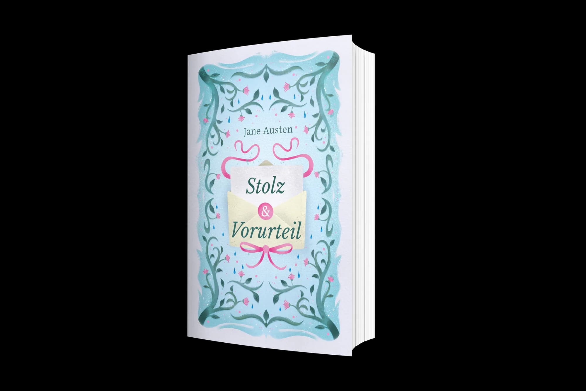 Cover-Neugestaltung von Jane Austens „Stolz & Vorurteil“: verspielte Ranken, Schleifen und Rosa-Akzente auf zartem Mint