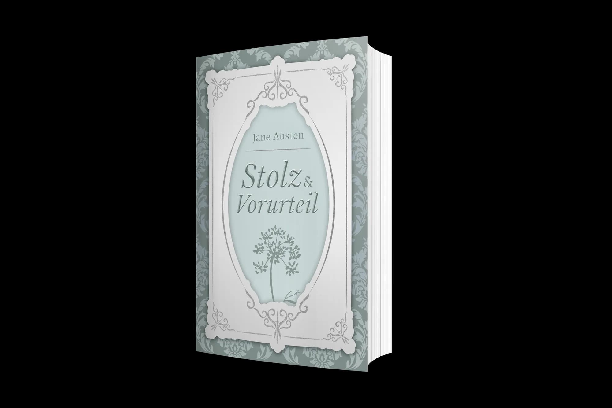 Alternative Cover-Gestaltung „Stolz & Vorurteil“ (Jane Austen): elegantes Damast-Ornament und Pusteblume in gedämpftem Salbeigrün