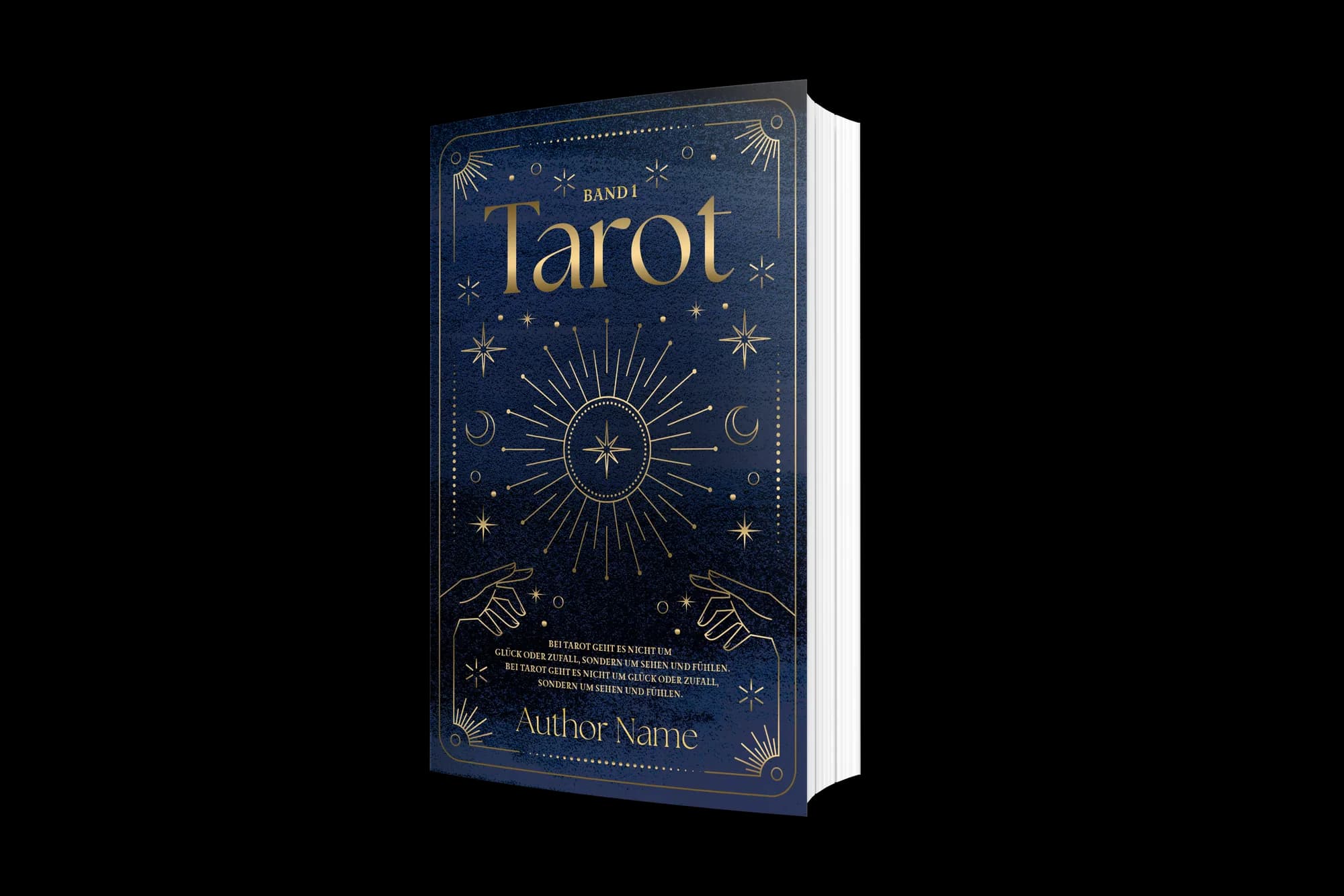 Cover-Gestaltung „Tarot, Band I“: mystisches Goldlinien-Sonnenmotiv mit Sternen und Mond auf dunkelblauem Leinen