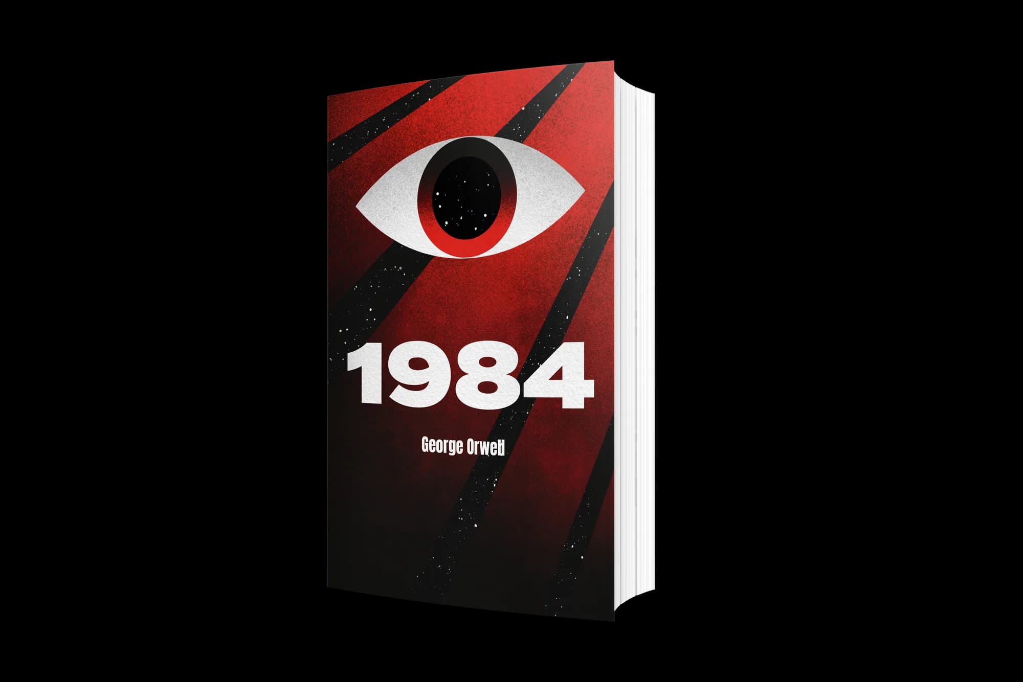 Cover-Neugestaltung von George Orwells „1984“: rotes überwachendes Auge mit dynamischen Streifen und kräftiger Titel-Typografie