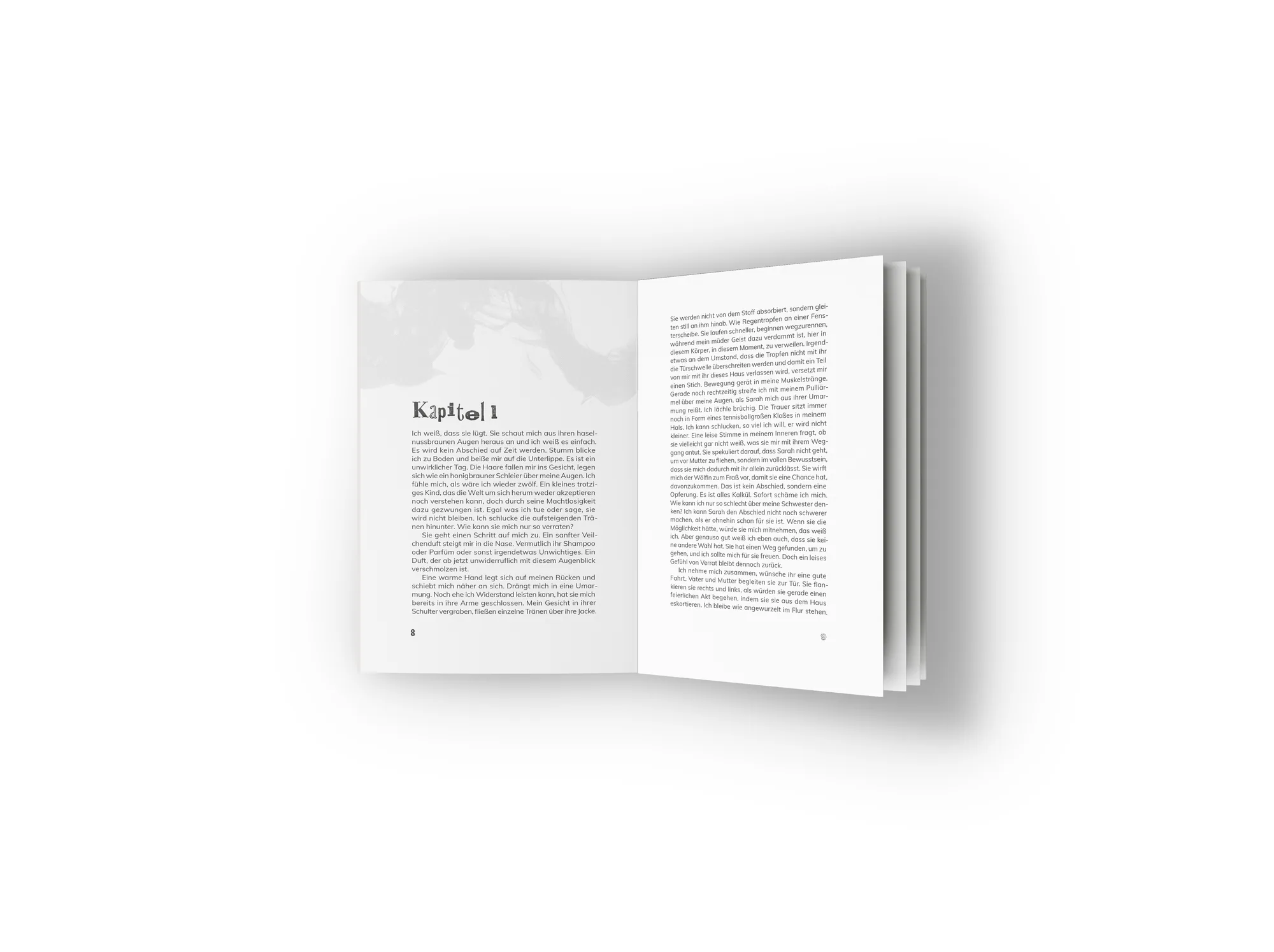 Innenseiten-Mockup von „Kippenrauch“ mit schlichtem Buchsatz und rauchig-grauem Kapitelmotiv im Hintergrund