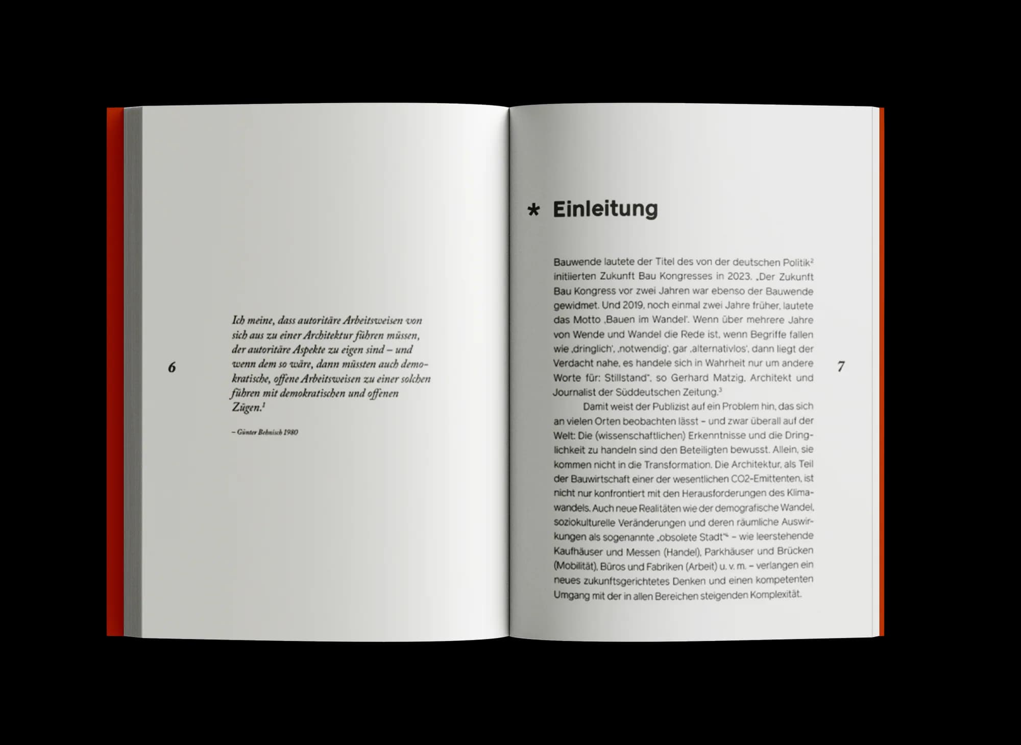 Einleitungs-Doppelseite des Buchsatzes „New Work in der Architektur“: klares Raster, kursives Zitat links, ruhige Mengentext-Typografie