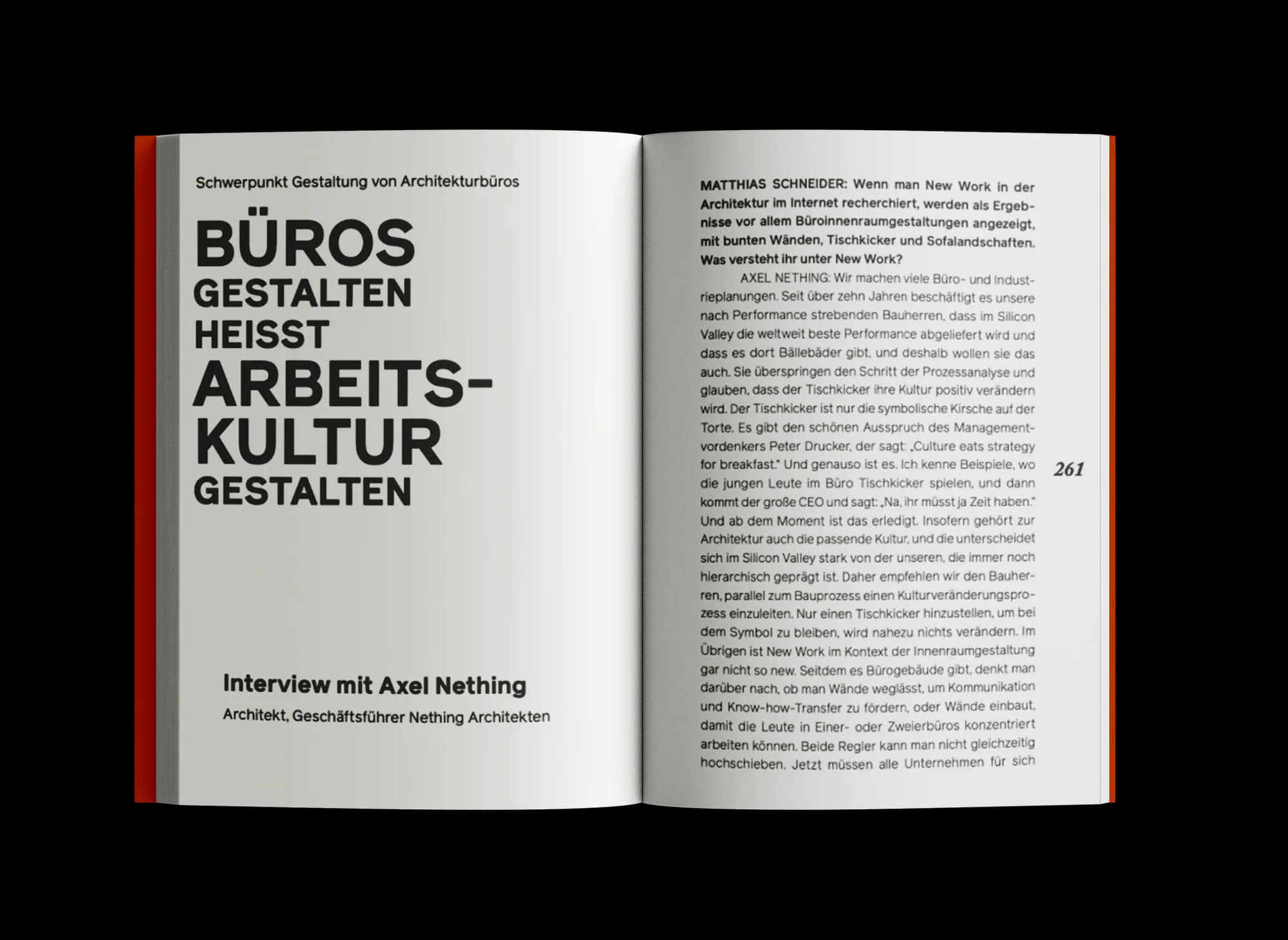 Interview-Layout der Buchgestaltung „New Work in der Architektur“: große schwarze Headline-Groteske neben zweispaltigem Mengentext