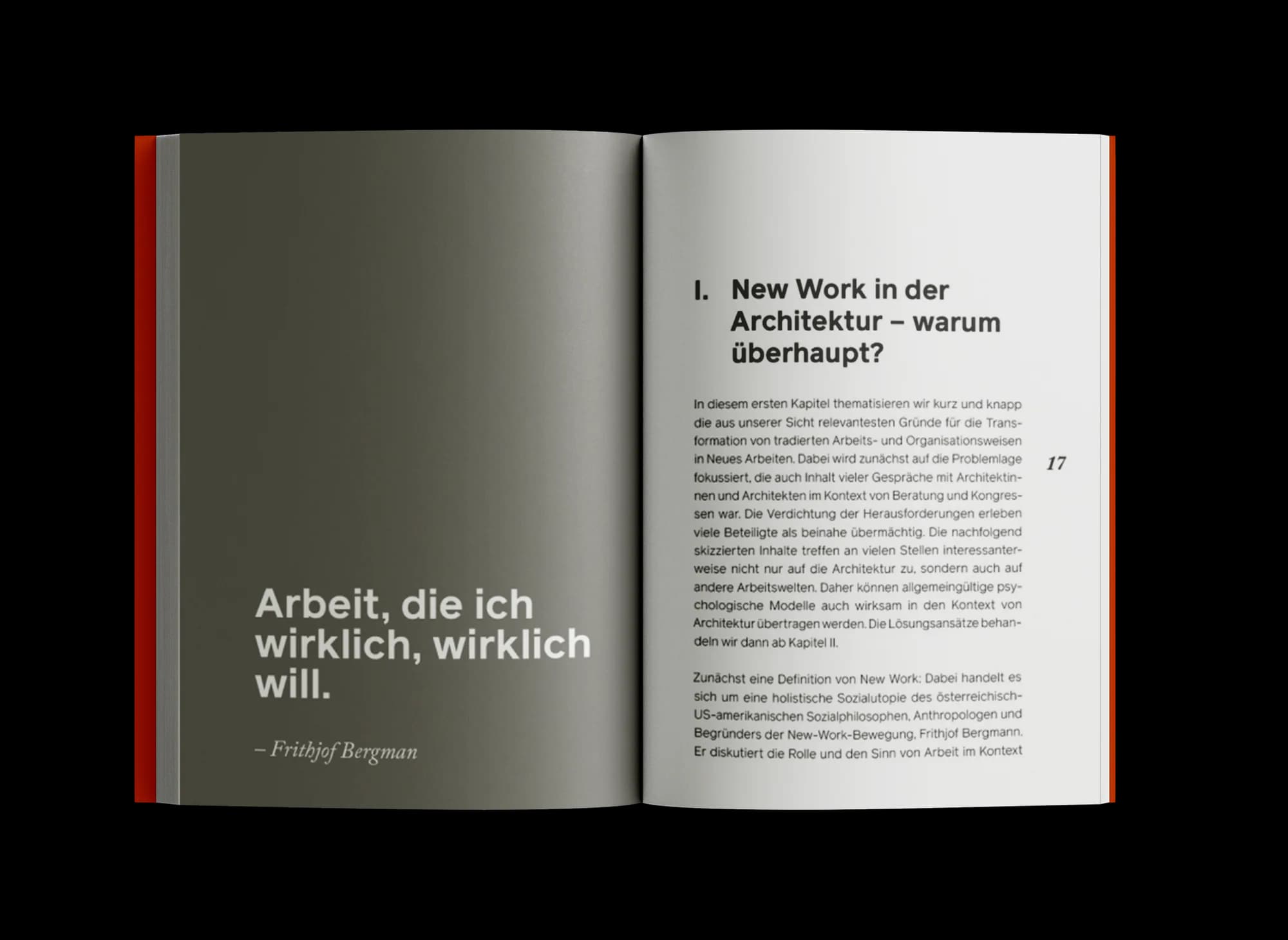 Kapiteleinstieg des Buchsatzes „New Work in der Architektur“: grauer Verlauf, weißes Zitat und nummerierte Kapitelüberschrift, reduziert