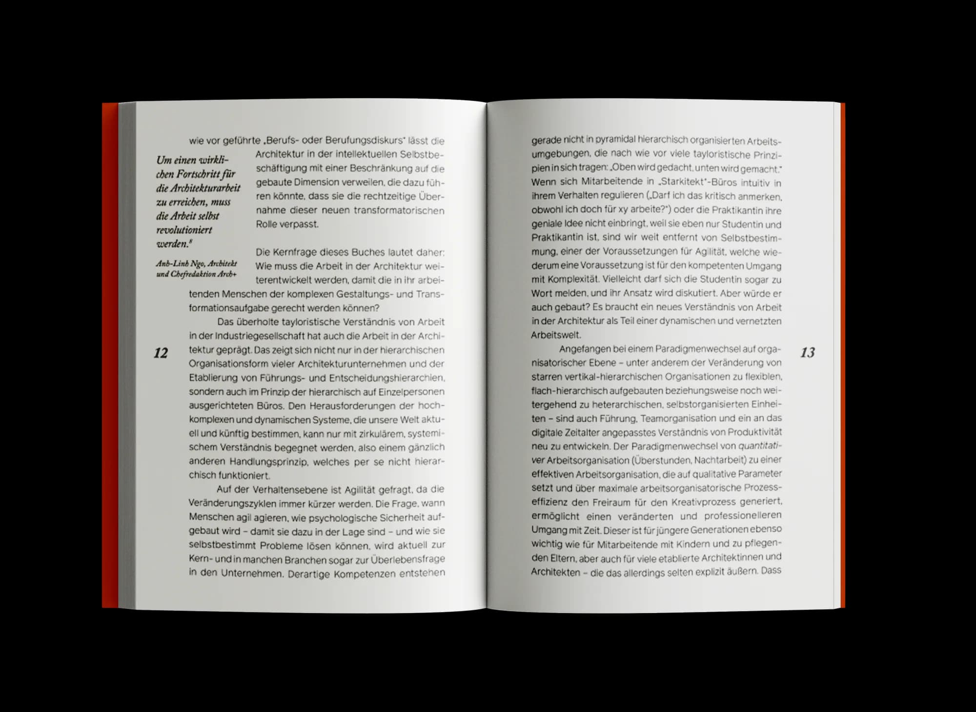 Zitatseite des Buchsatzes „New Work in der Architektur“: schmale kursive Marginalspalte neben ruhigem zweispaltigem Satzspiegel