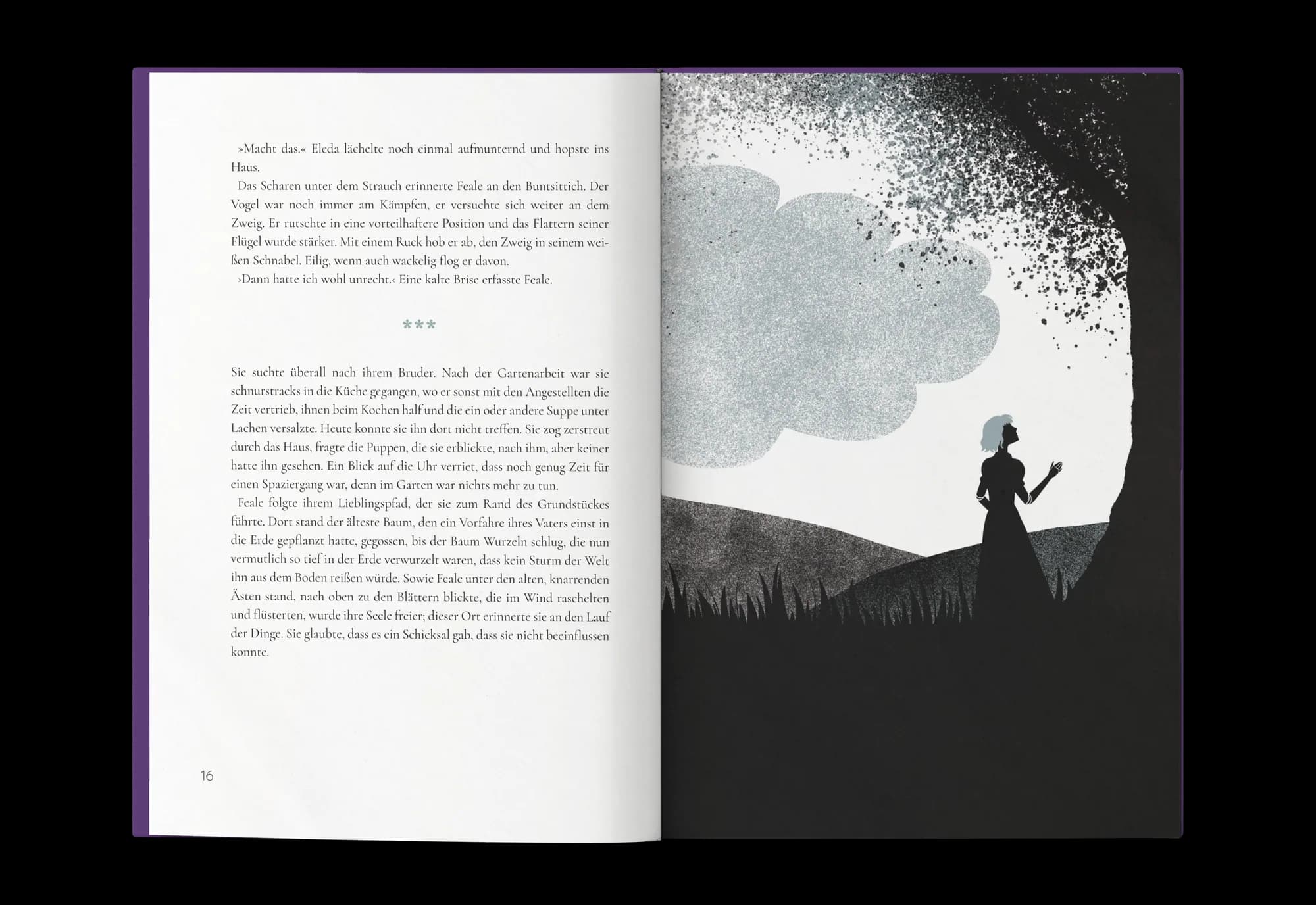 Aufgeschlagene Doppelseite der Buchgestaltung „Silberfeder“: ganzseitige Silhouetten-Illustration einer Frau am Hügel mit Serifensatz in Violett