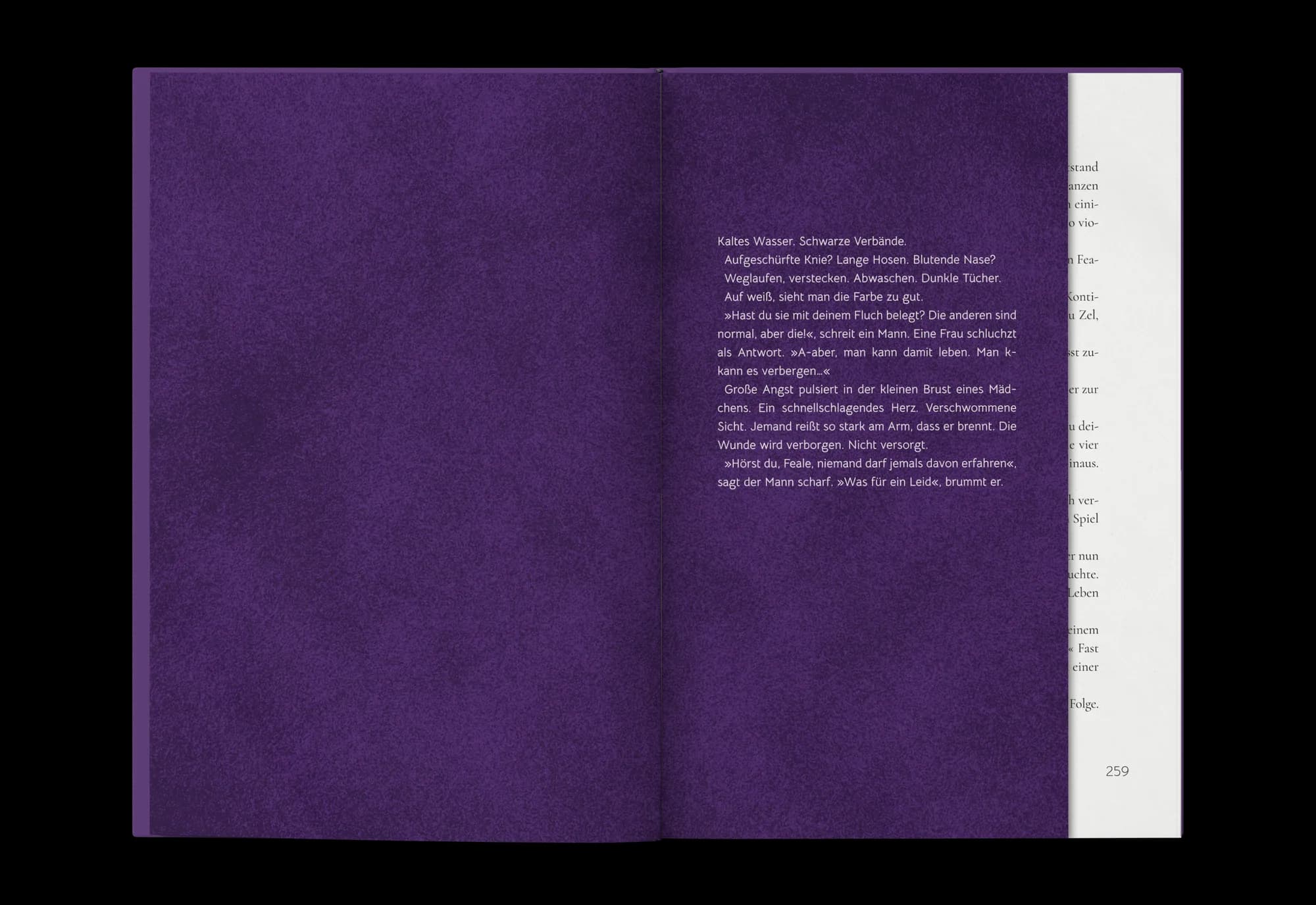 Innenseiten-Gestaltung von „Silberfeder“: leuchtend violette Farbfläche neben schmalem Textblock als dramatischer Kapitelumbruch