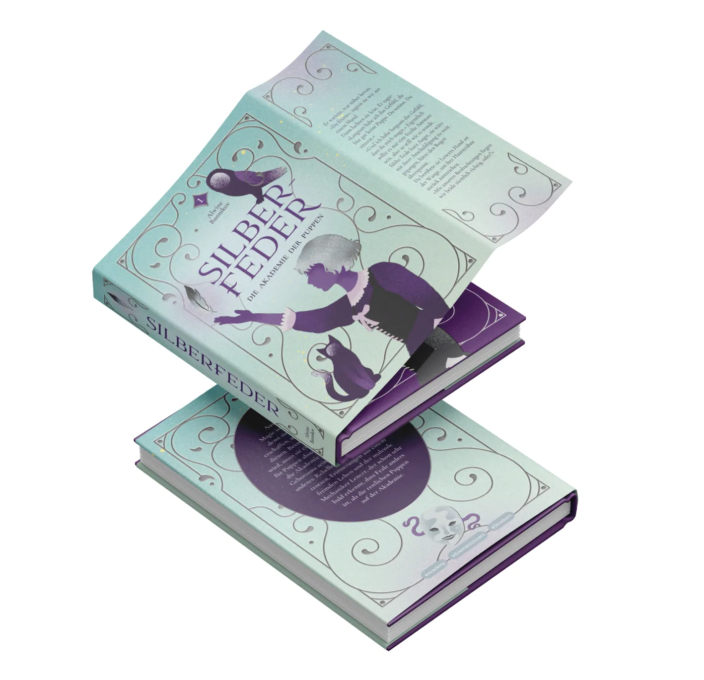 Mockup zweier gestapelter Hardcover der Fantasy-Buchgestaltung „Silberfeder“: verspielte Ranken-Typografie in Mint und Violett