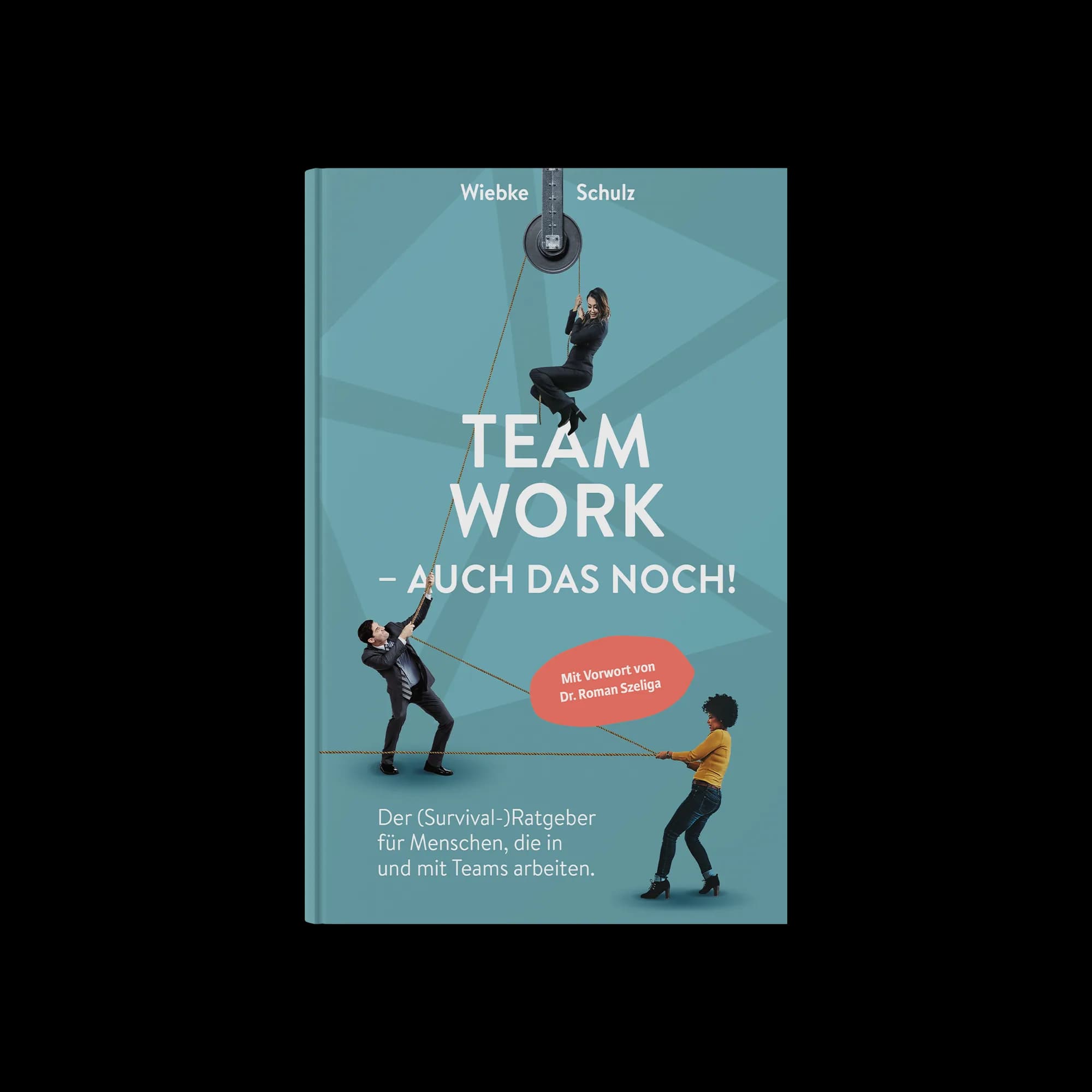 Cover-Mockup der humorvollen Buchgestaltung „Team Work – Auch das noch!“ mit Tauziehen-Figuren auf türkisem Grund