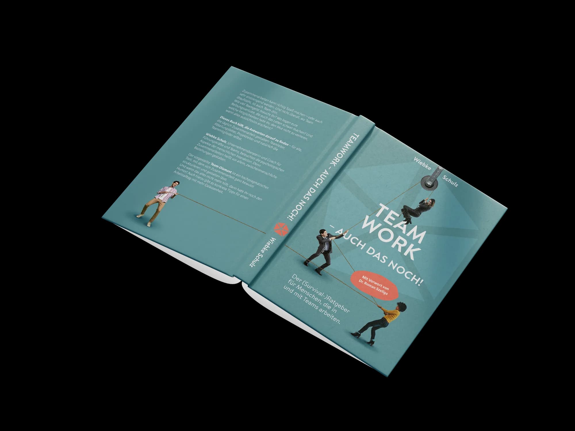 Aufgeschlagenes Umschlag-Mockup von „Team Work – Auch das noch!“ mit witziger Bildsprache und klarer Sans-Serif-Typografie