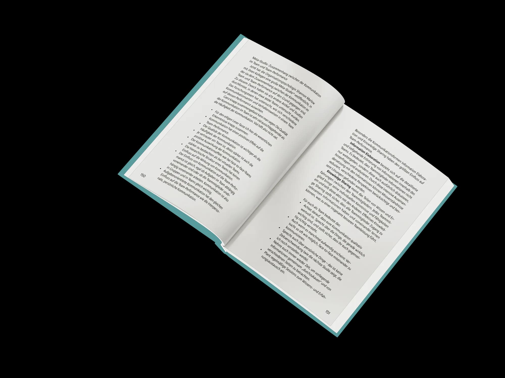 Innenseiten-Mockup des Ratgebers „Team Work – Auch das noch!“ mit luftigem, gut lesbarem Buchsatz und türkisem Buchschnitt