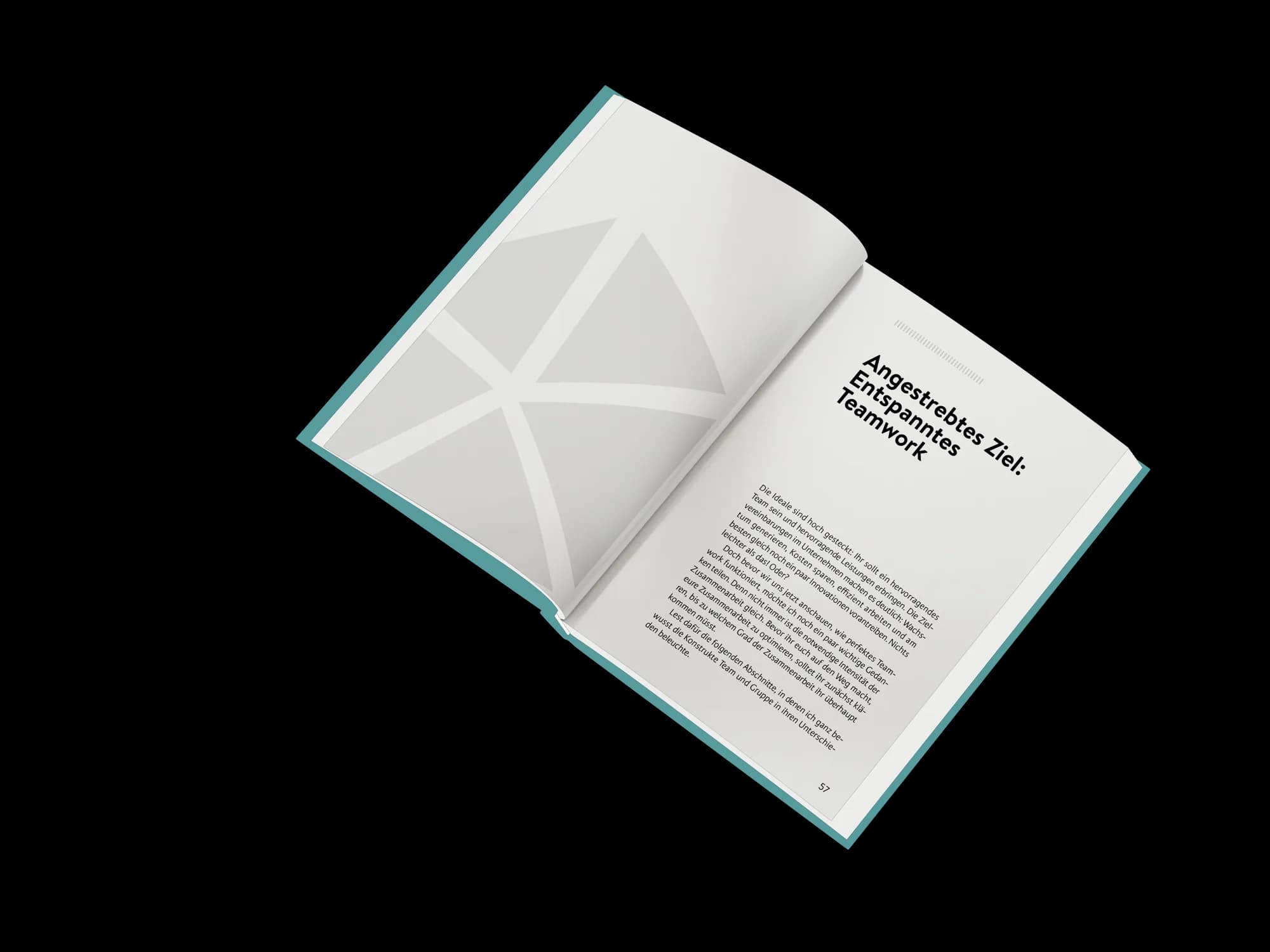 Doppelseite aus „Team Work – Auch das noch!“ mit grafischem Geflecht-Motiv und humorvoller Kapitelüberschrift im Buchsatz