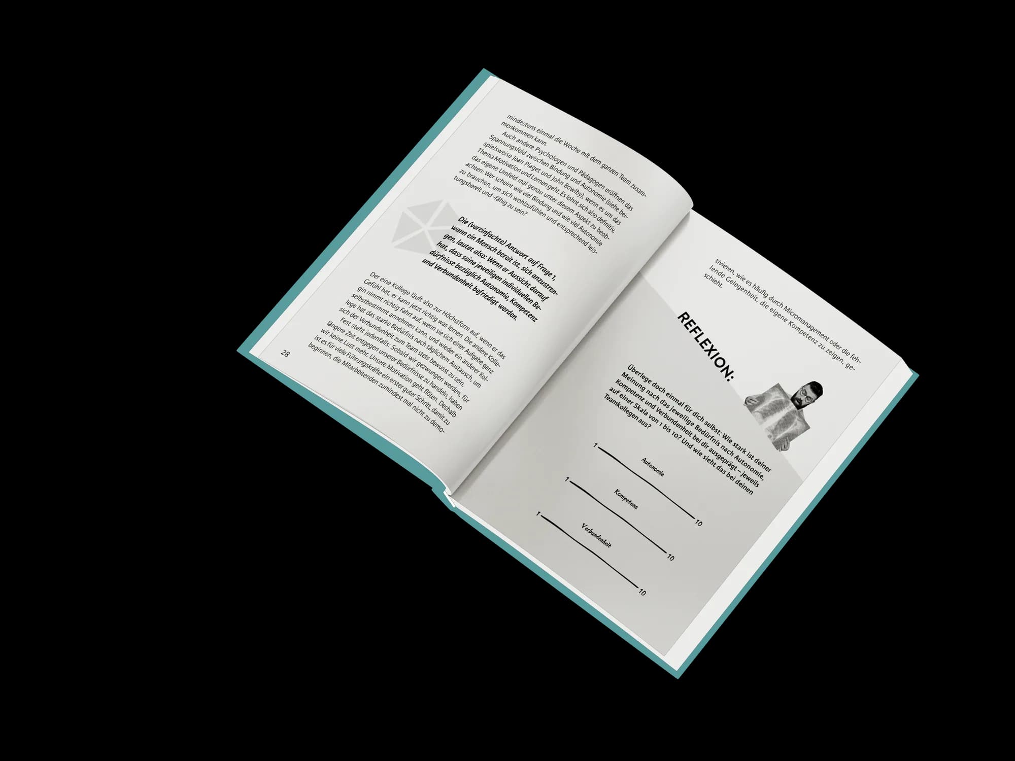 Reflexionsseite der Buchgestaltung „Team Work – Auch das noch!“ mit Ausfülllinien und verspielten Schwarzweiß-Figuren