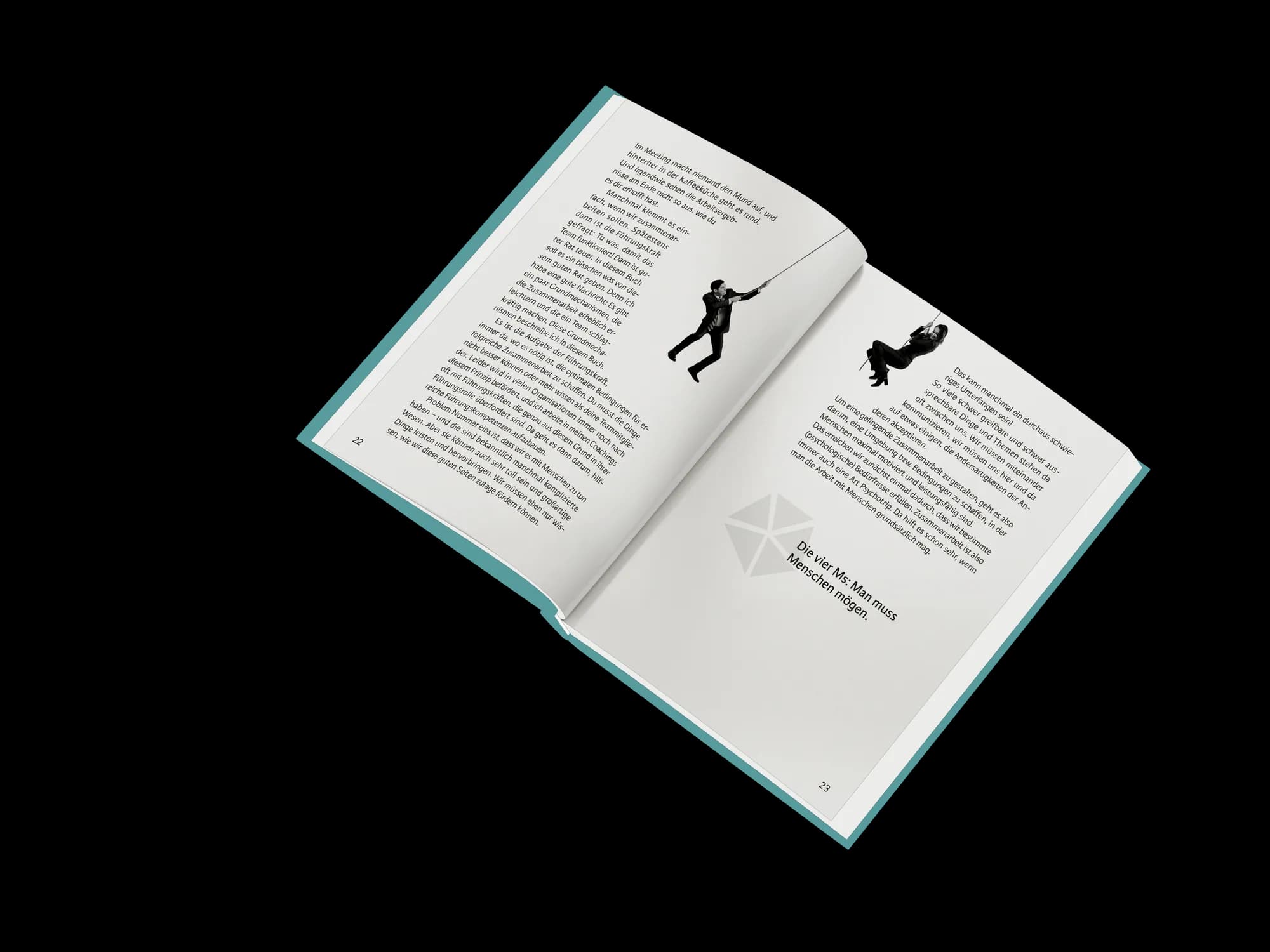 Innenseiten von „Team Work – Auch das noch!“ mit kletternden Figürchen als augenzwinkernde Illustration im verspielten Buchsatz