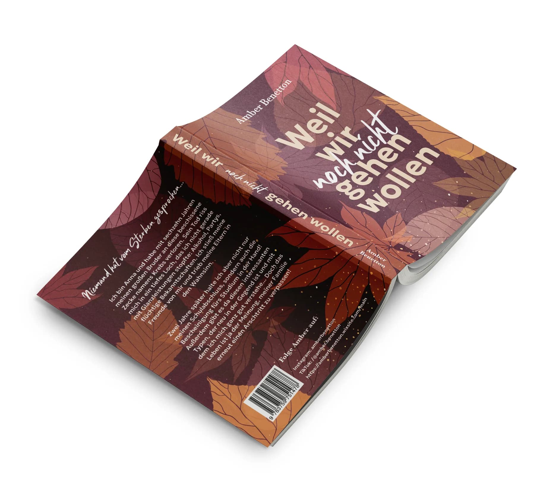 Cover-Mockup des berührenden Romans „Weil wir noch nicht gehen wollen“ mit herbstlichem Blätterlaub und handschriftlicher Titeltypografie