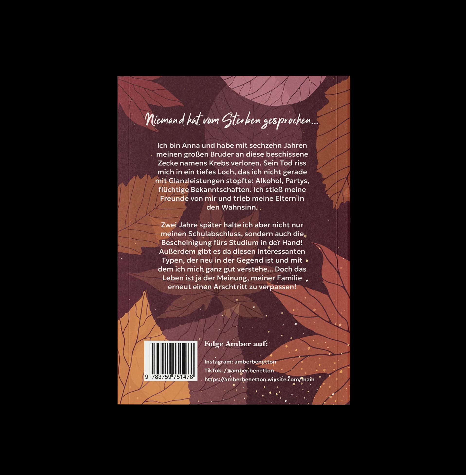 Rückseiten-Gestaltung von „Weil wir noch nicht gehen wollen“ mit Klappentext und stimmungsvollem Herbstlaub-Coverdesign