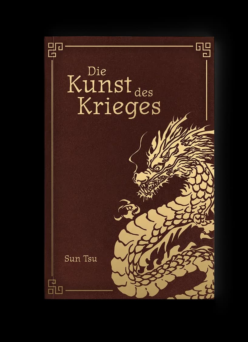 Klassiker-Cover „Die Kunst des Krieges“: goldener Drache auf dunkelbraunem Grund mit feinem Goldrahmen, edel-klassische Anmutung in Braun und Gold