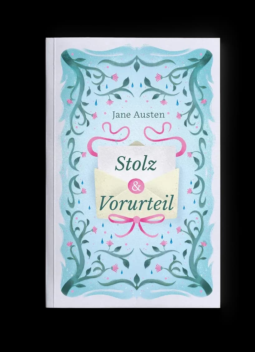 Klassiker-Cover „Stolz & Vorurteil“: geöffneter Briefumschlag mit Liebesbrief in floralem Rankenrahmen, zartes Hellblau mit Rosa und Grün, romantisch-verspielt
