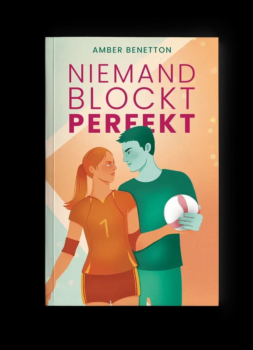 New-Adult-Cover „Niemand blockt perfekt“: illustriertes Paar in Sporttrikots mit Volleyball vor Pfirsich- und Mintverlauf, verliebt-leichte Sommerstimmung in Orange und Grün