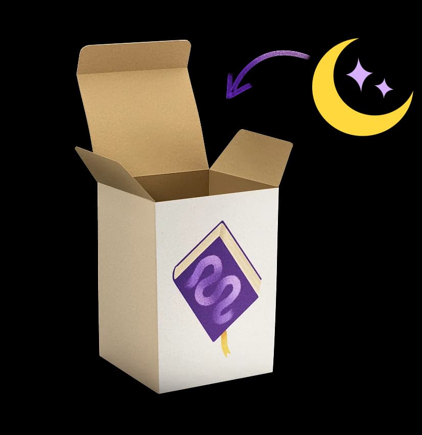 Offener Karton mit dem violetten Buchsymbol von Studio Federtraum, daneben ein gelber Mond und ein lila Pfeil