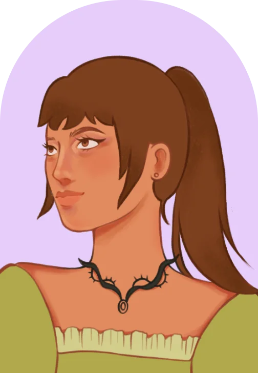 Close-Up-Illustration: Kopf und Schultern einer Figur mit langen braunen Haaren