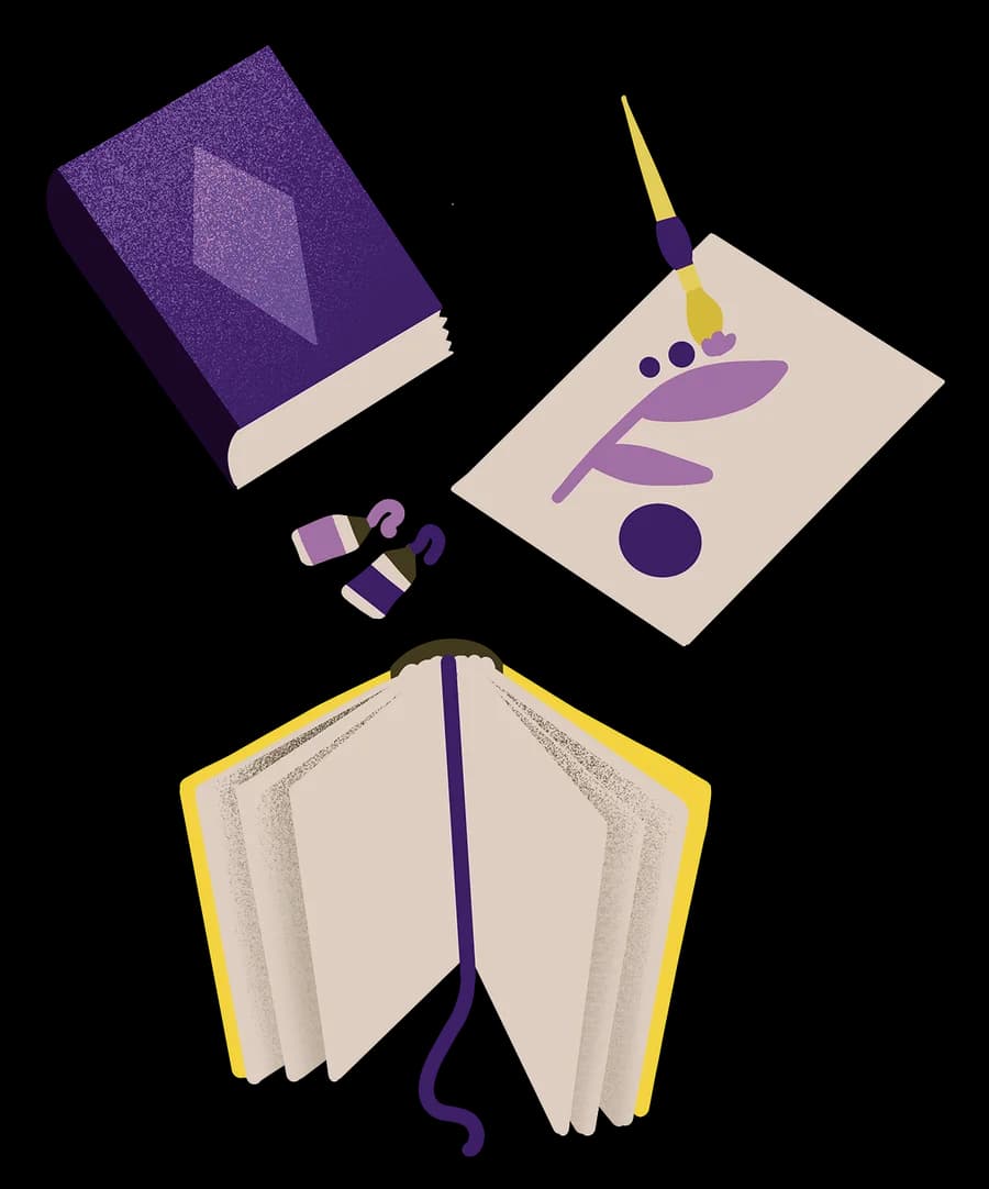 Violettes Buch, ein Blatt mit Pinselstrichen und ein aufgeschlagenes Buch mit gelbem Einband