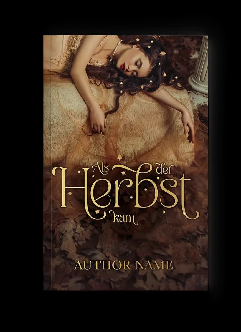 Romantasy-Buchcover „Als der Herbst kam“: dunkelhaarige Frau mit Sternen im Haar ruht auf Herbstlaub, warme Sepia- und Goldtöne, träumerisch-melancholisch