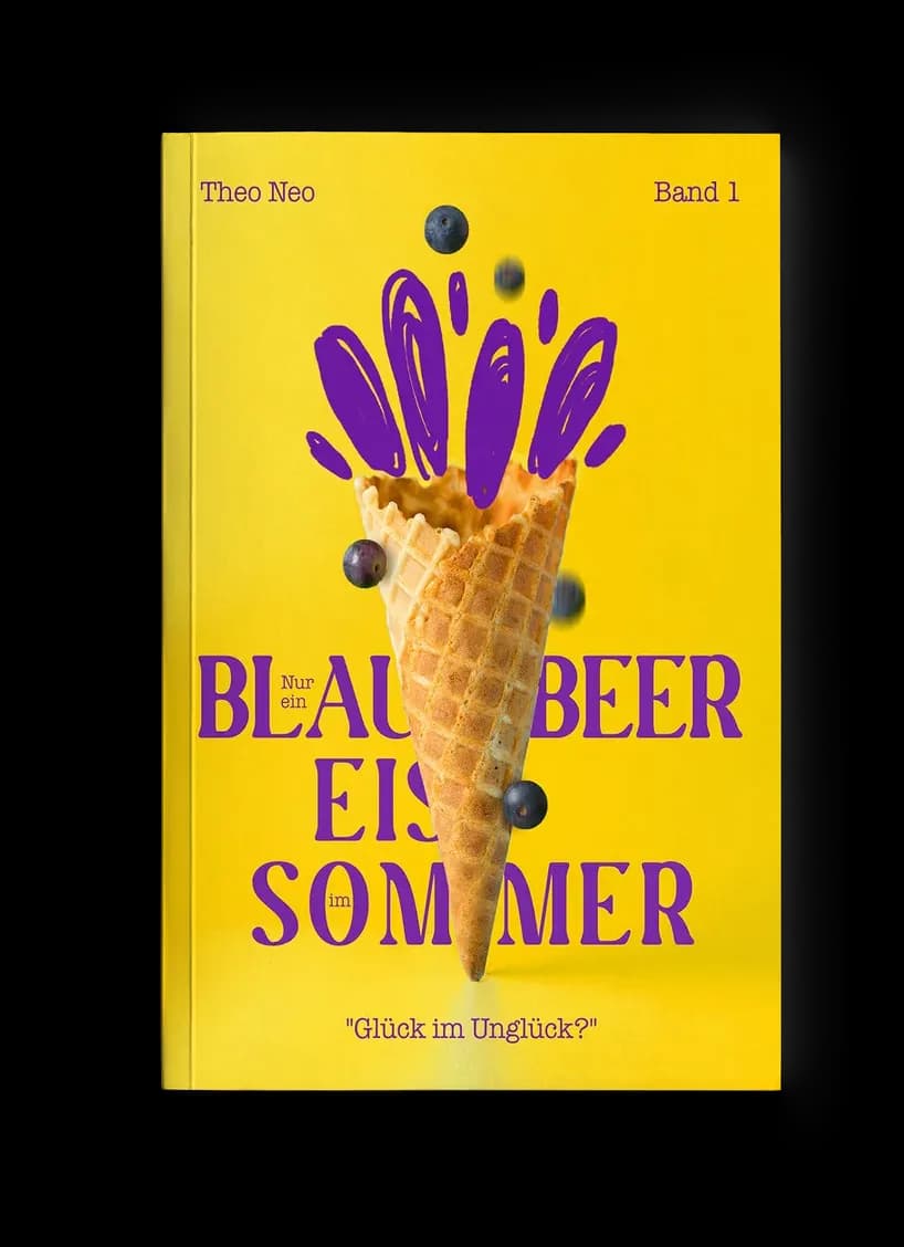 Jugendbuch-Cover „Nur ein Blaubeereis im Sommer“: Eiswaffel mit spritzenden lila Blaubeeren auf sonnengelbem Grund, sommerlich-verspielt in Gelb und Violett