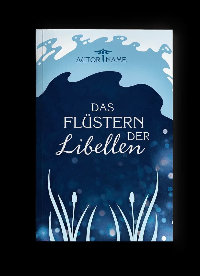 Fantasy-Buchcover „Das Flüstern der Libellen“: illustrierte Welle über nächtlichem Schilfufer mit Lichtpunkten, kühle Hell- und Dunkelblautöne, still-verwunschene Stimmung