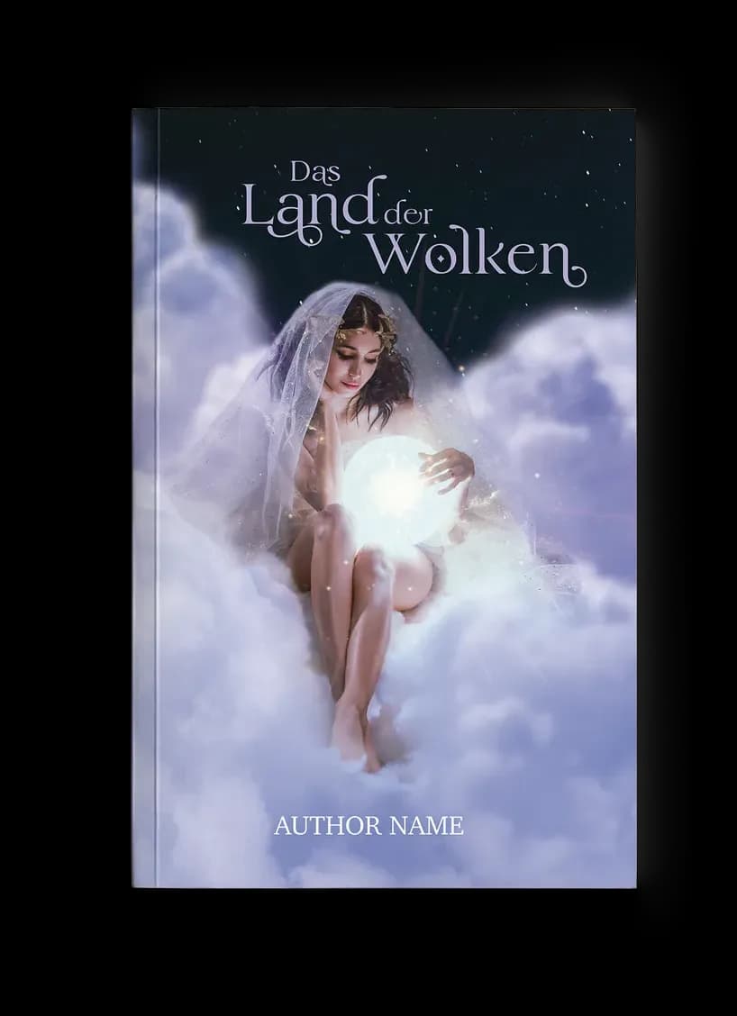 Fantasy-Buchcover „Das Land der Wolken“: verschleierte Frau auf Wolken hält eine leuchtende Lichtkugel, Sternenhimmel in Flieder, Weiß und Nachtblau, magisch-entrückt