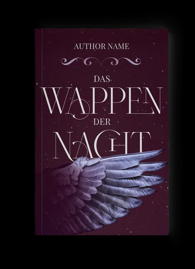Fantasy-Buchcover „Das Wappen der Nacht“: silbrig schimmernder Engelsflügel vor weinrotem Nachthimmel mit Schneeflocken, elegante weiße Serifentypo, düster-royale Stimmung