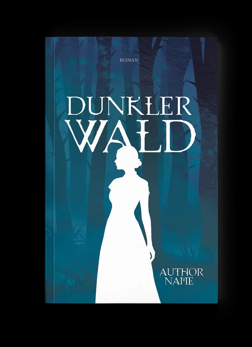 Fantasy-Buchcover „Dunkler Wald“: weiße Scherenschnitt-Silhouette einer Frau im langen Kleid vor blauem Nadelwald, kühle Petrol- und Nachtblautöne, geheimnisvoll