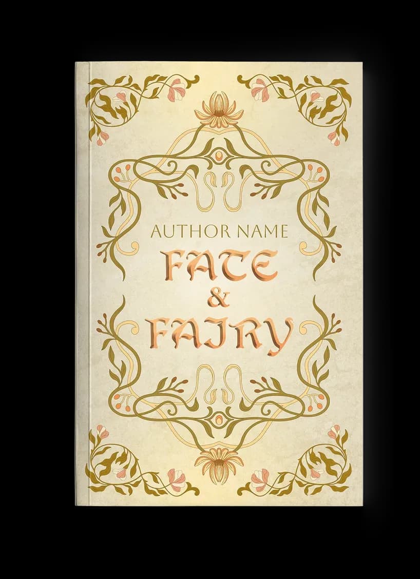 Romantasy-Buchcover „Fate & Fairy“: Jugendstil-Ranken mit Blüten rahmen den kupferfarbenen Titel auf cremefarbenem Pergament, zart-nostalgisch in Oliv, Koralle und Gold