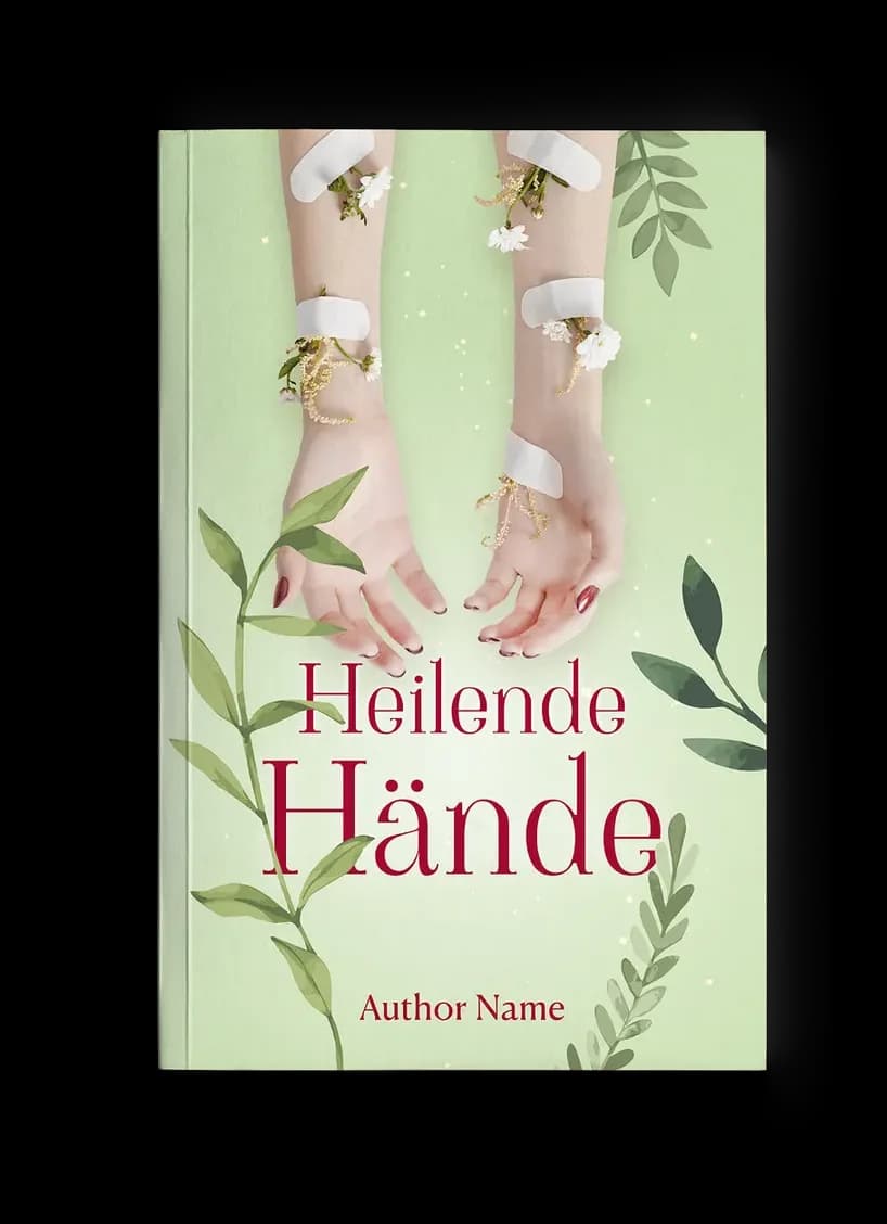 Liebesroman-Cover „Heilende Hände“: zwei Unterarme mit Pflastern, aus denen Blüten wachsen, auf Mintgrün mit Aquarellblättern, hoffnungsvoll-zart in Grün und Rot