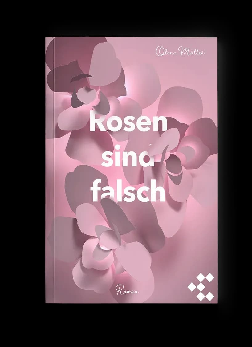 Liebesroman-Cover „Rosen sind falsch“: übergroße Papierrosen in Altrosa und Puderrosa, schlichte weiße Typografie darüber, weich-melancholische Stimmung