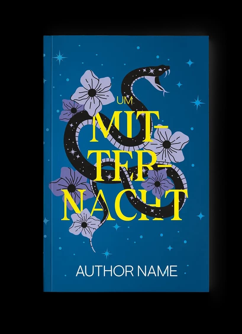 Romantasy-Buchcover „Um Mitternacht“: schwarze Sternenschlange windet sich durch lila Blüten auf Blau, leuchtend gelbe Typografie, nächtlich-magisch und modern