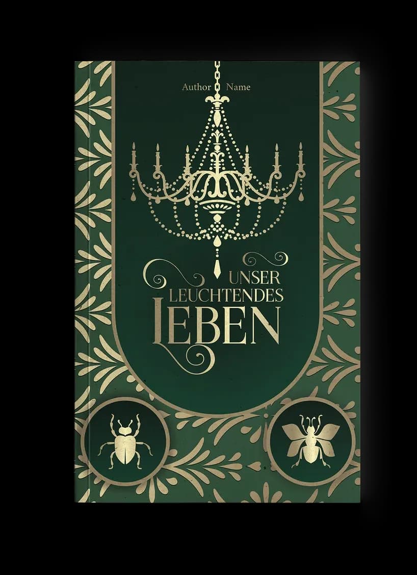 Fantasy-Buchcover „Unser Leuchtendes Leben“: goldener Kronleuchter und Käfer-Medaillons auf dunkelgrünem Ornamentgrund, edel-nostalgische Stimmung in Tannengrün und Gold
