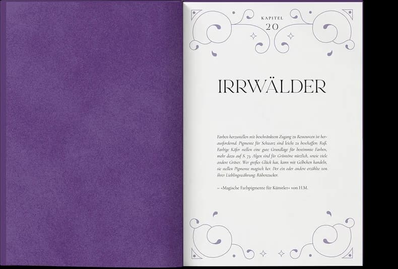 Aufgeschlagenes Buch mit violettem Einband und gestalteter Kapitelseite „Irrwälder“ mit floralen Zierden