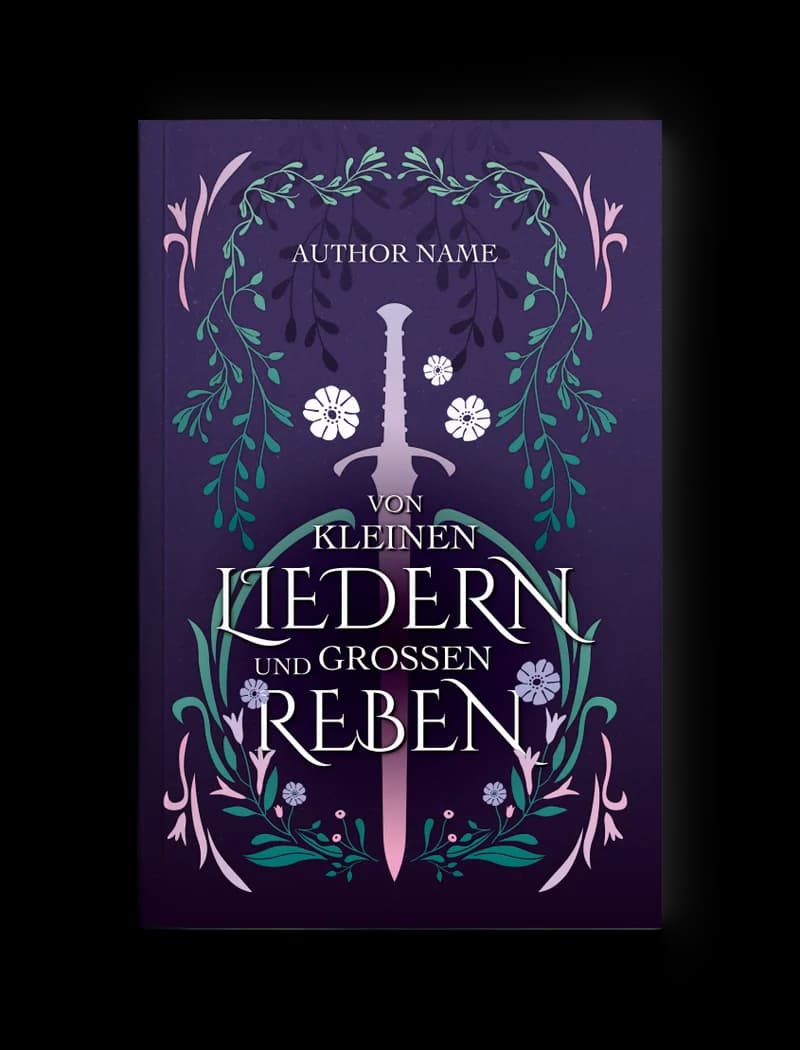 Premade-Buchcover „Von kleinen Liedern und großen Reben“ mit dunkelgrünem Blumenmuster, umrahmt von einer lila Blüte und grünen Ranken