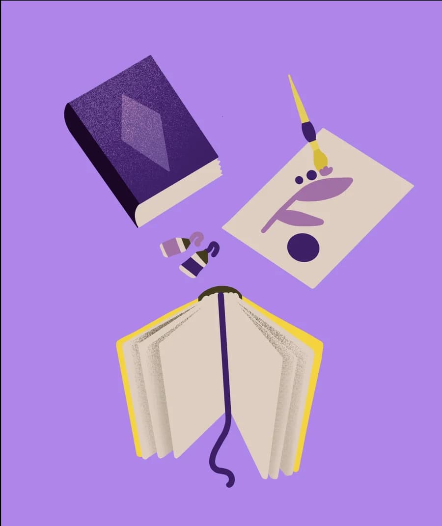 Violettes Buch, ein bemaltes Blatt und ein aufgeschlagenes Buch mit gelbem Einband vor lila Grund