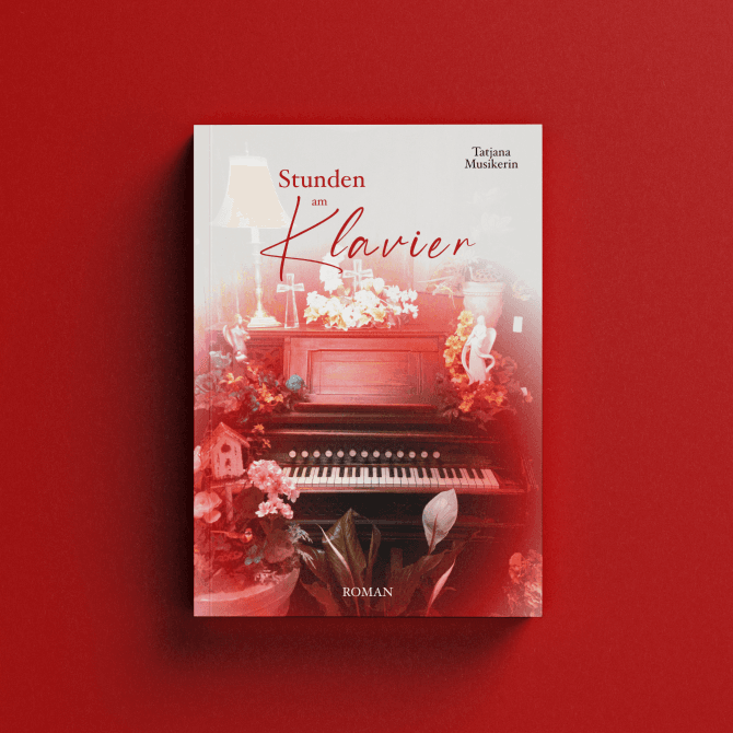 Buchcover-Ausschnitt mit rotem Klavier und gemalten Aquarell-Spritzern, dramatische warme Rottöne