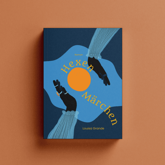 Buchcover-Ausschnitt mit illustrierten Händen und Mond auf tiefem Blau, kräftiges Orange als Kontrast