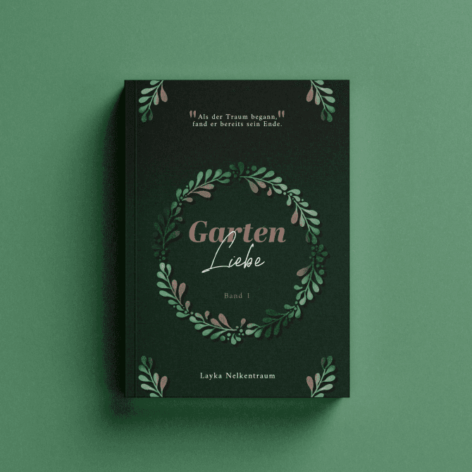 Buchcover-Ausschnitt mit zartem floralem Blätterkranz auf dunklem Grün, elegante naturverbundene Typografie