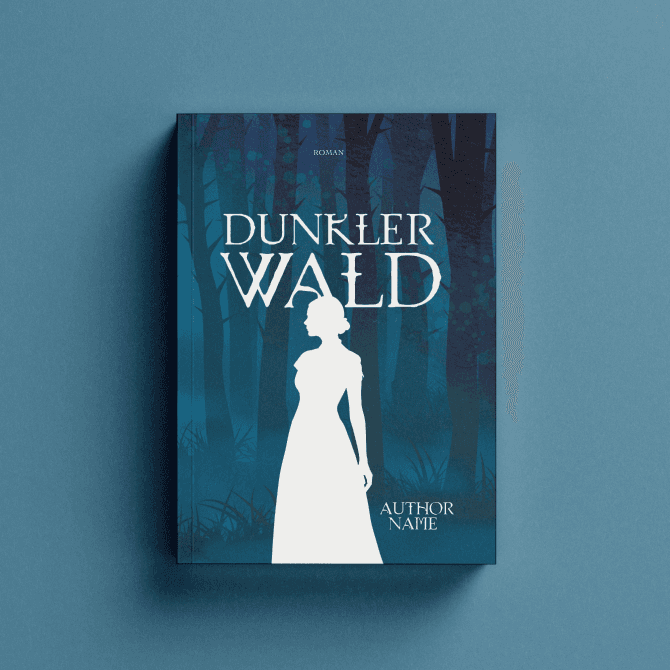 Buchcover-Ausschnitt mit weißer Frauengestalt vor mystischem Tannenwald in tiefen Blau- und Türkistönen