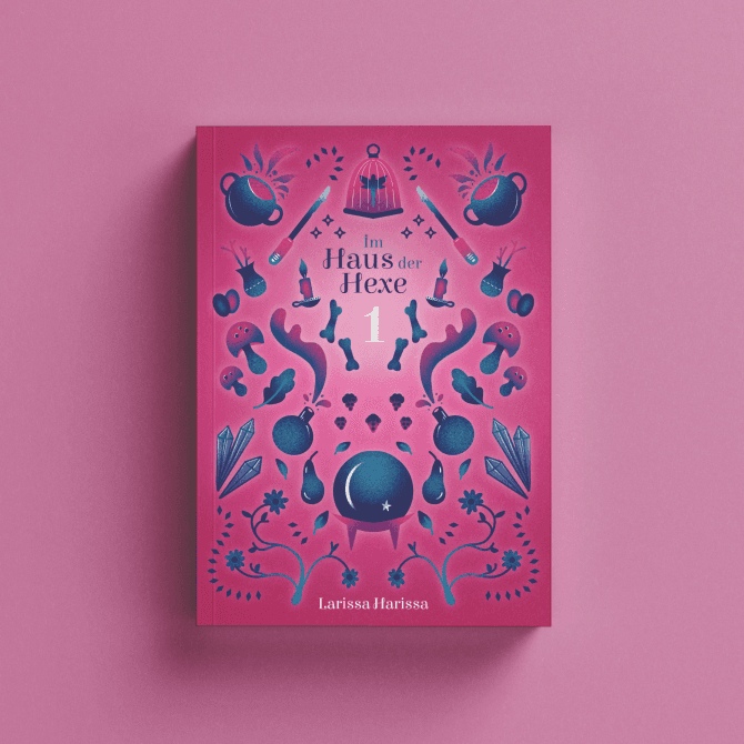 Buchcover-Ausschnitt mit symmetrischer Floral- und Schlangenillustration in Pink und Blau, lebendig-dekorativer Stil