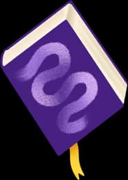 Violettes Buch mit dem geschwungenen Symbol von Studio Federtraum und gelbem Lesezeichen