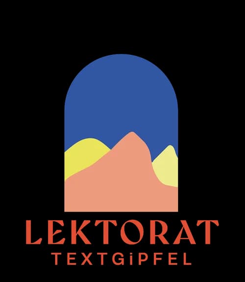 Logo Lektorat Textgipfel: blauer Torbogen mit Bergmotiv in Gelb und Lachsrot